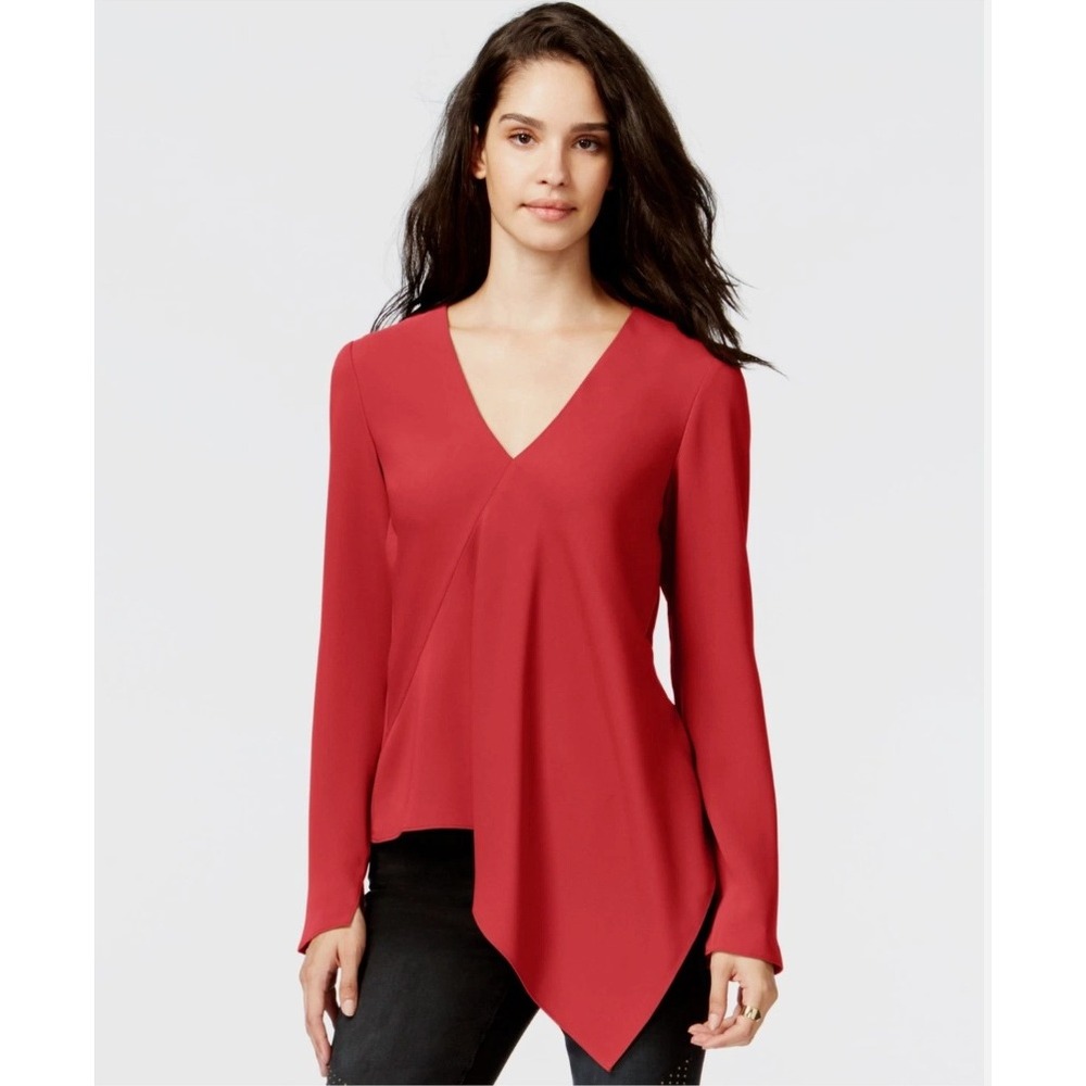 Rachel Rachel Roy Red Asymmetrical V-Neck‎ Long Sleeve Blouse Large Handkerchief